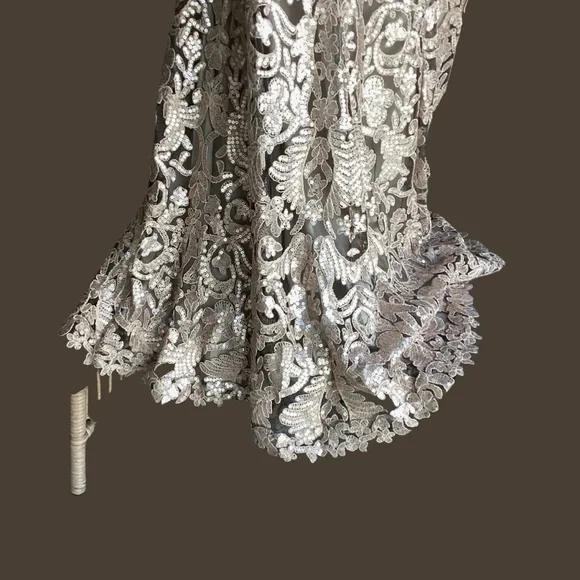 Tadashi Shoji Gown Size 8 Tan/Gold Lace Lined Cap Sleeve Wedding Formal Event